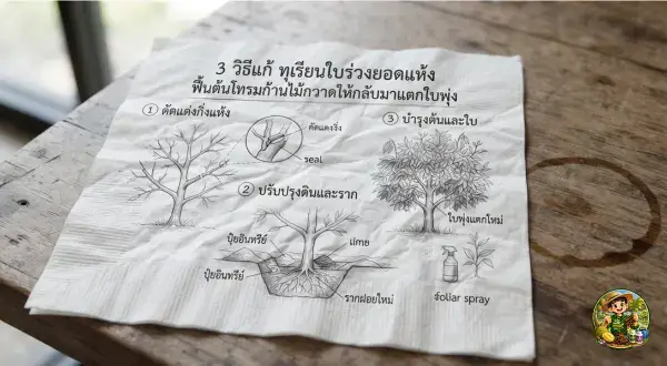 3 วิธีแก้ ทุเรียนใบร่วงยอดแห้ง ฟื้นต้นโทรมก้านไม้กวาดให้กลับมาแตกใบพุ่ง